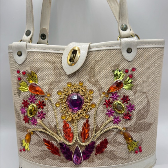 Vintage Enid Collin’s style Handbag Jeweled Garden Purse  Bucket Bag Floral - Picture 13 of 16